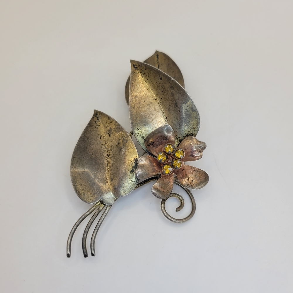 Vintage Patinated Silver Tone Flower and Leaf Large Brooch Pin